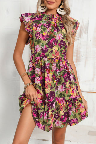 Green Floral Print Flutter Shoulder Ruffled Mini Dress - Alleure