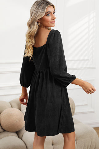 Black Washed Square Neck High Waist Flared Short Dress - Alleure