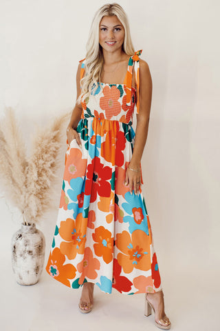 Orange 60s Floral Printed Shoulder Tie Smocked Maxi Dress - Alleure