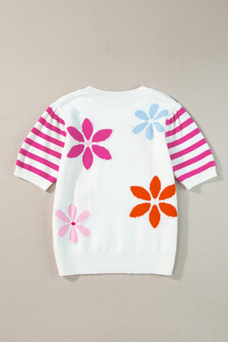 White Knit with Flowers and Pink Striped Sleeves