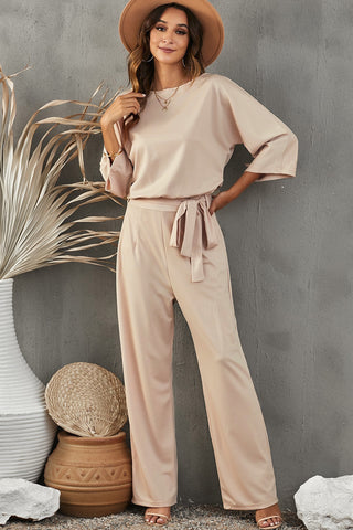 Beige Jumpsuit Boat Neckline Wide Legs Tie Sash