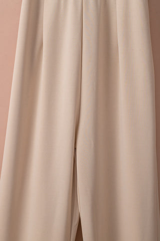 Beige Jumpsuit Boat Neckline Wide Legs Tie Sash