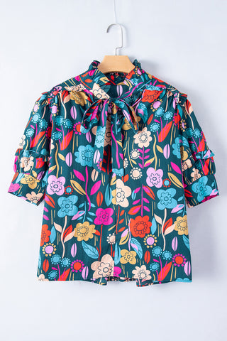 Bright Floral Print Blouse with Puff Sleeves & Tied V Neck