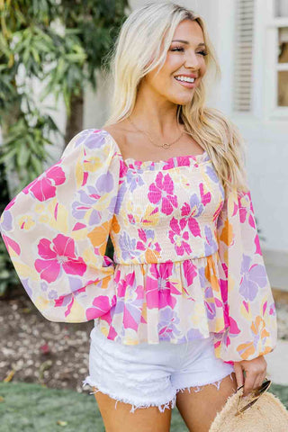 Floral Blouse with Shirred Bodice & Long Puff Sleeves