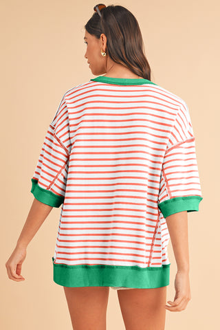 Black Stripe Contrast Trim Drop Sleeve Loose Top - Alleure