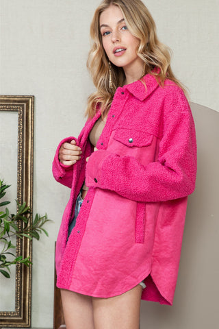 Hot Pink Faux Suede Sherpa Patchwork Button Up Shacket