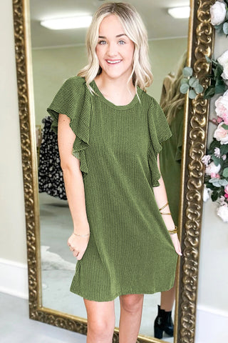 Grass Green Ribbed Ruffle Sleeve Mini Dress - Alleure