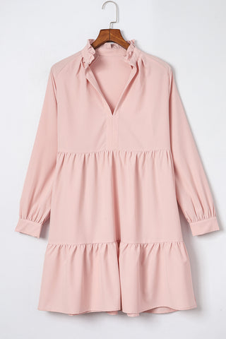 Pink Casual Stand V Neck Short Frill Dress - Alleure