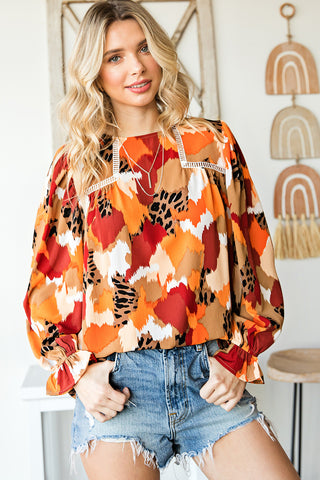 Multicolor Boho Long Sleeve Blouse with Lace Trim - 2 Colors