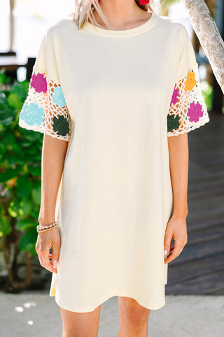 White Floral Crochet Splicing Sleeve T-shirt Dress - Alleure