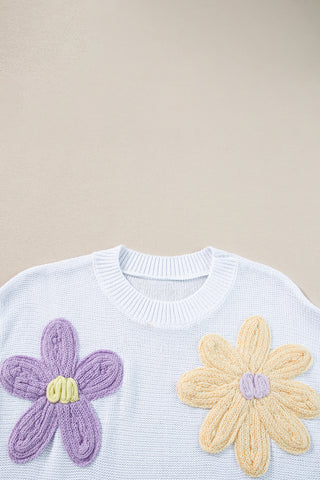 Round Neck Knit with Embrodiered Flowers - 3 Colors