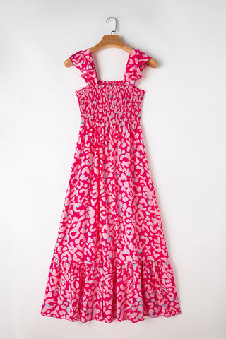 Rose Leopard Ruffle Straps Smocked High Waist Maxi Dress - Alleure