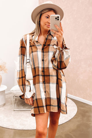 Khaki Plaid Pattern Collared Neck Ruffled Sleeve Shirt Dress - Alleure