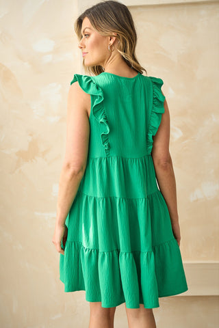 Bright Green V-Neck Ruffle Tiered Mini Dress - Alleure