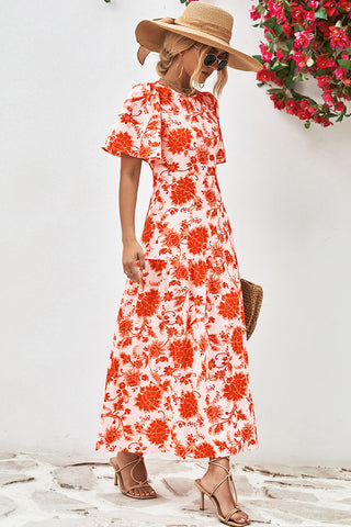 Orange Floral Print Maxi Open Back