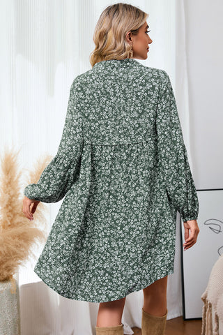 Green Ditsy Floral Print Notch Neck Long Sleeve Boho Dress - Alleure