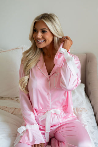 Pink Satin PJ Set Ruffle Hem