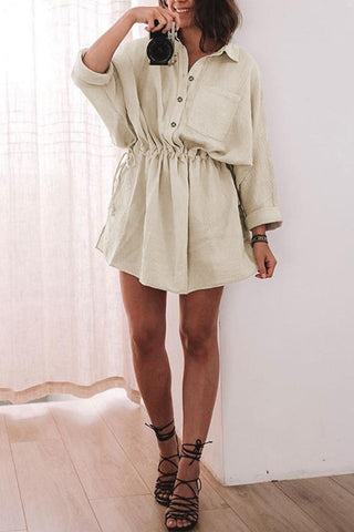 Wholesale Beige Cotton Solid Color Buttoned Closure Long Sleeve Casual Dress - Alleure