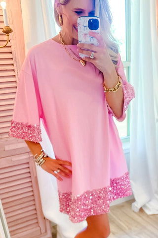 Pink Drop Sleeve Sequin Trim Dress