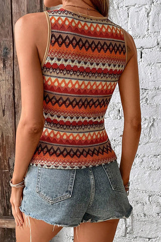 Orange Boho Geometric Striped Knitted Tank Top - Alleure