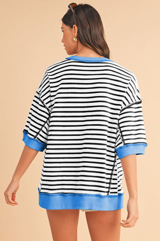 Black Stripe Contrast Trim Drop Sleeve Loose Top - Alleure