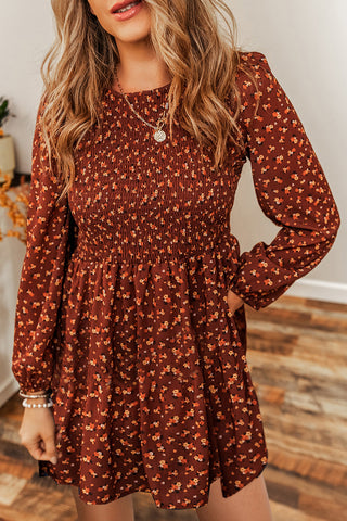 Brown Ditsy Floral Smocked Puff Sleeve Mini Dress - Alleure