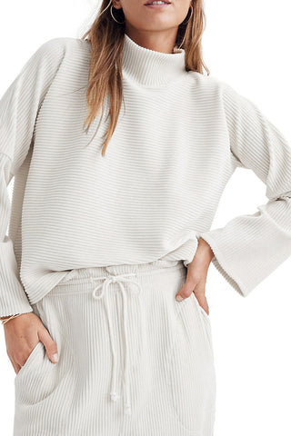 White Ribbed Long Sleeve Blouse with High Neck & Drop Shoulders