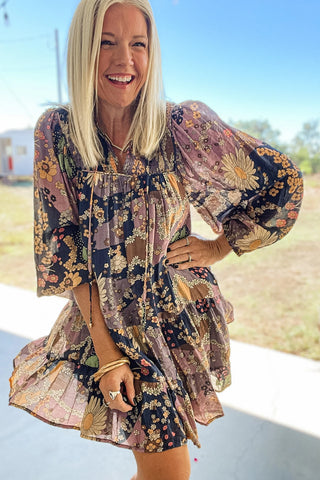 Purple Boho Floral Print Puff Sleeve Flowy Mini Dress - Alleure