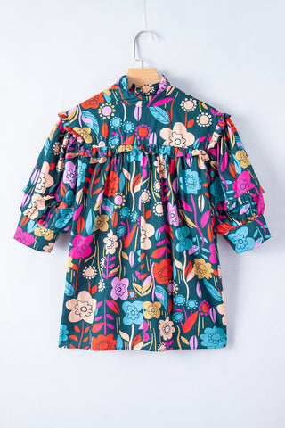 Bright Floral Print Blouse with Puff Sleeves & Tied V Neck