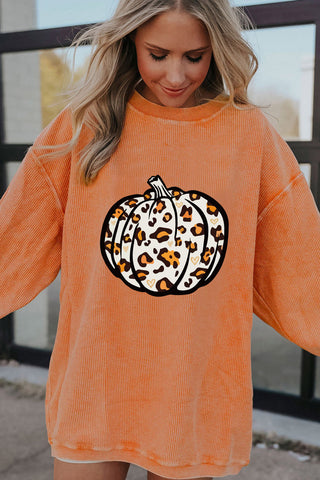 Orange Leopard Print Pumpkin Corded Sweatshirt