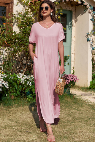 Pink Solid Color Hidden Pocket V Neck Slit Maxi Dress - Alleure